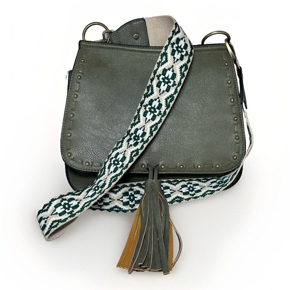 Jen & Co Green Faux Leather Shoulder Bag Tribal Guitar Strap Bucket Crossbody